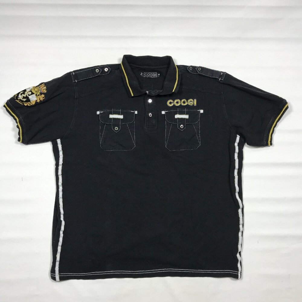 VTG Coogi Polo Mens 3XL Black Gold Embroidered Shoulder Straps Hip Hop Y2K Shirt